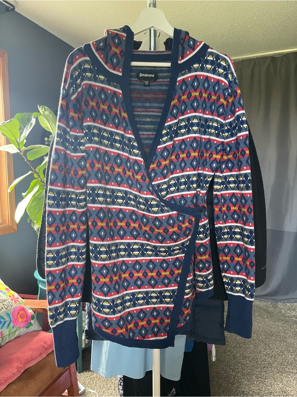 Betabrand Wool Hooded Navy Fair Isle Wrap Cardigan with Thumb Holes, L/XL